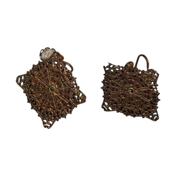 Vintage Art Deco Copper Filigree Clip-On Earrings With White Fleck Stone - Picture 7 of 8